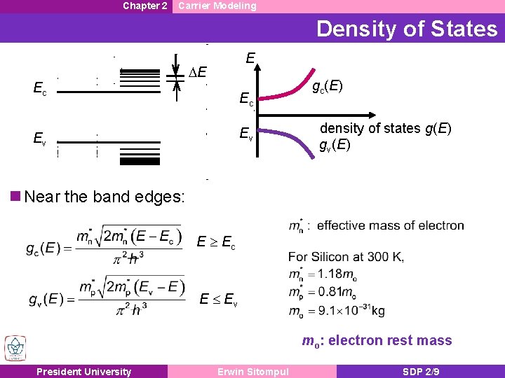 Chapter 2 Carrier Modeling Density of States Ec E DE Ec Ev Ev gc(E)