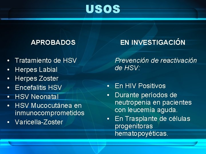 USOS APROBADOS • • • Tratamiento de HSV Herpes Labial Herpes Zoster Encefalitis HSV