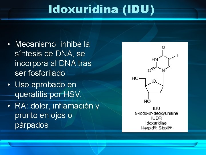 Idoxuridina (IDU) • Mecanismo: inhibe la síntesis de DNA, se incorpora al DNA tras