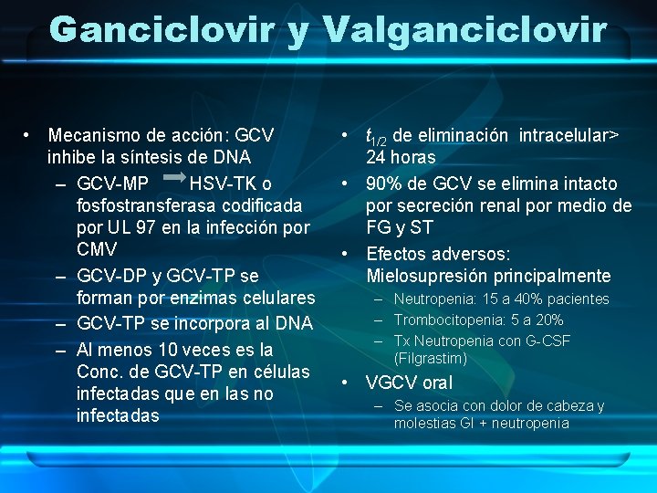 Ganciclovir y Valganciclovir • Mecanismo de acción: GCV inhibe la síntesis de DNA –