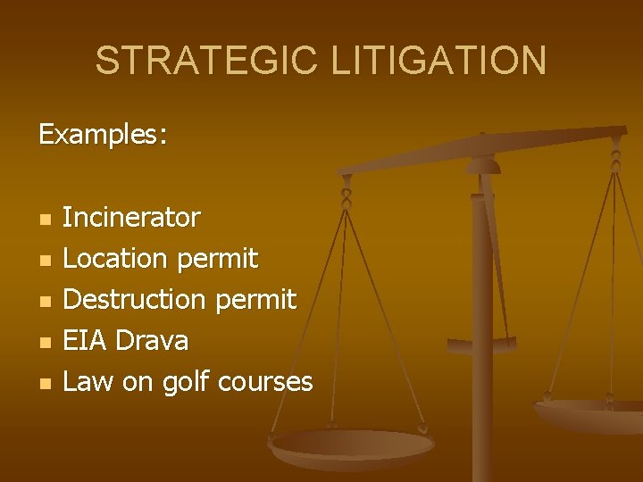 STRATEGIC LITIGATION Examples: n n n Incinerator Location permit Destruction permit EIA Drava Law