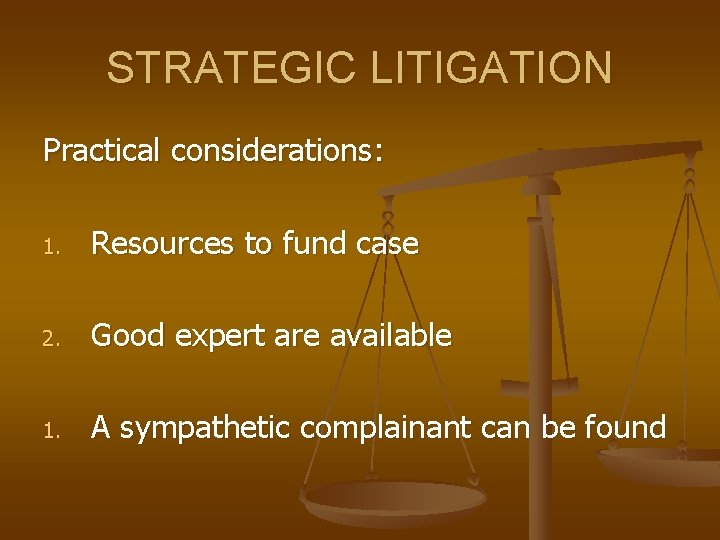 STRATEGIC LITIGATION Practical considerations: 1. Resources to fund case 2. Good expert are available