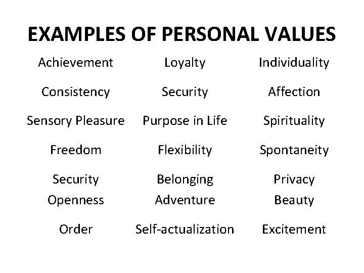 EXAMPLES OF PERSONAL VALUES Achievement Loyalty Individuality Consistency Security Affection Sensory Pleasure Purpose in