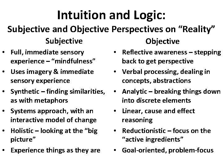 Intuition and Logic: Subjective and Objective Perspectives on “Reality” Subjective • Full, immediate sensory