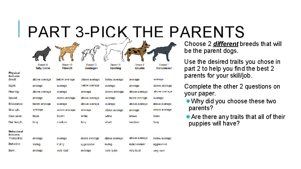 PART 3 -PICK THE PARENTS Choose 2 different breeds that will be the parent