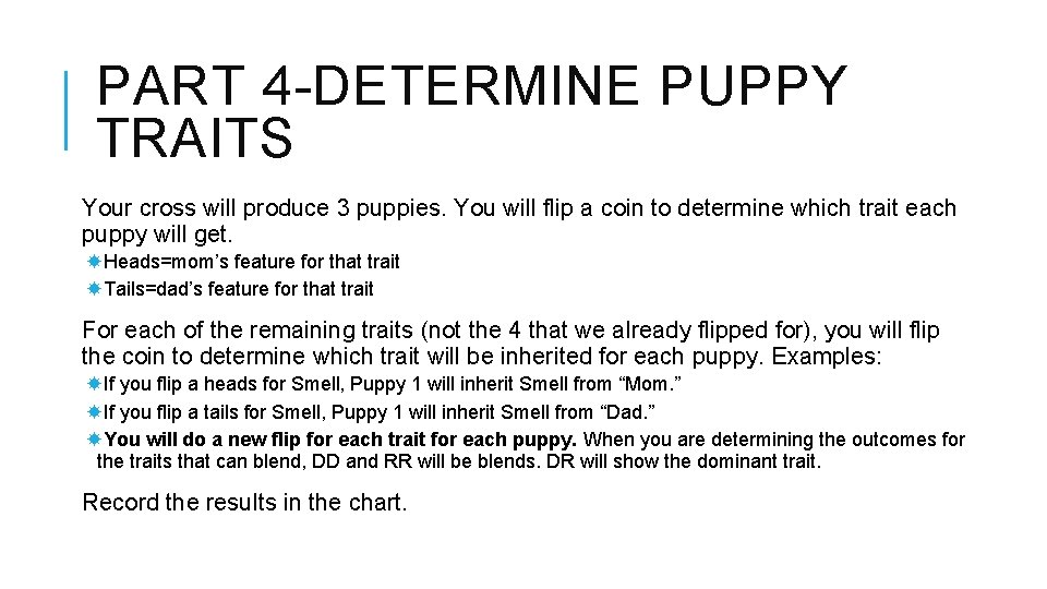 PART 4 -DETERMINE PUPPY TRAITS Your cross will produce 3 puppies. You will flip