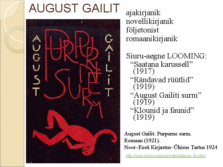 AUGUST GAILIT ajakirjanik novellikirjanik följetonist romaanikirjanik Siuru-aegne LOOMING: “Saatana karussell” (1917) “Rändavad rüütlid” (1919)