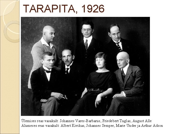 TARAPITA, 1926 Ülemises reas vasakult: Johannes Vares-Barbarus, Friedebert Tuglas, August Alle Alumeses reas vasakult: