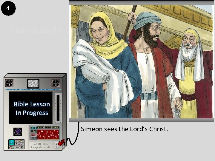4 Luke 2: 25 -27 Bible Lesson In Progress Simeon sees the Lord’s Christ.
