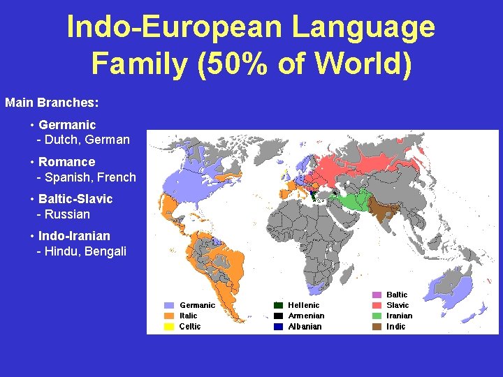 Indo-European Language Family (50% of World) Main Branches: • Germanic - Dutch, German •
