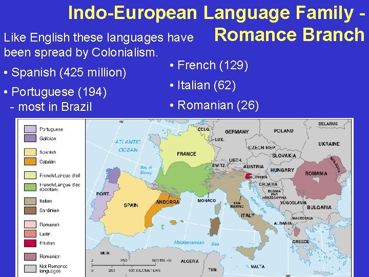 Indo-European Language Family Romance Branch Like English these languages have been spread by Colonialism.