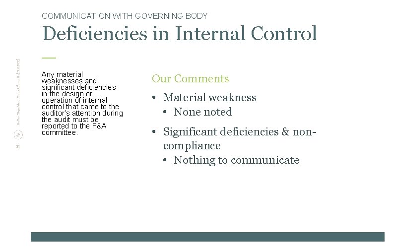 COMMUNICATION WITH GOVERNING BODY Better Together: Moss Adams & [CLIENT] Deficiencies in Internal Control