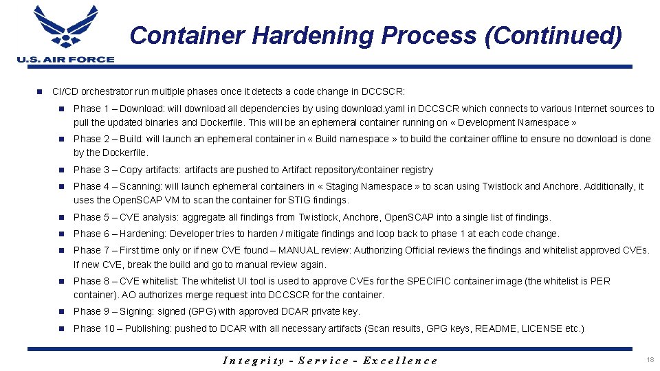 Container Hardening Process (Continued) n CI/CD orchestrator run multiple phases once it detects a