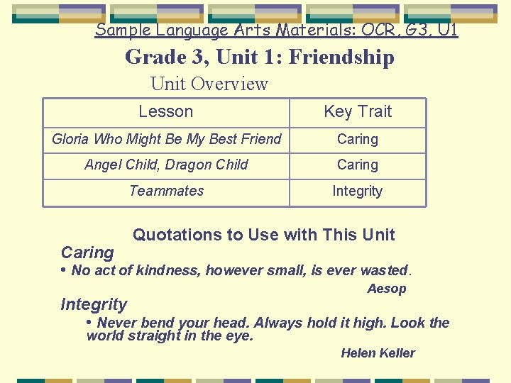 Sample Language Arts Materials: OCR, G 3, U 1 Grade 3, Unit 1: Friendship