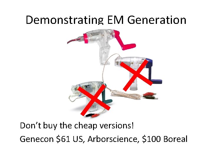 Demonstrating EM Generation Don’t buy the cheap versions! Genecon $61 US, Arborscience, $100 Boreal