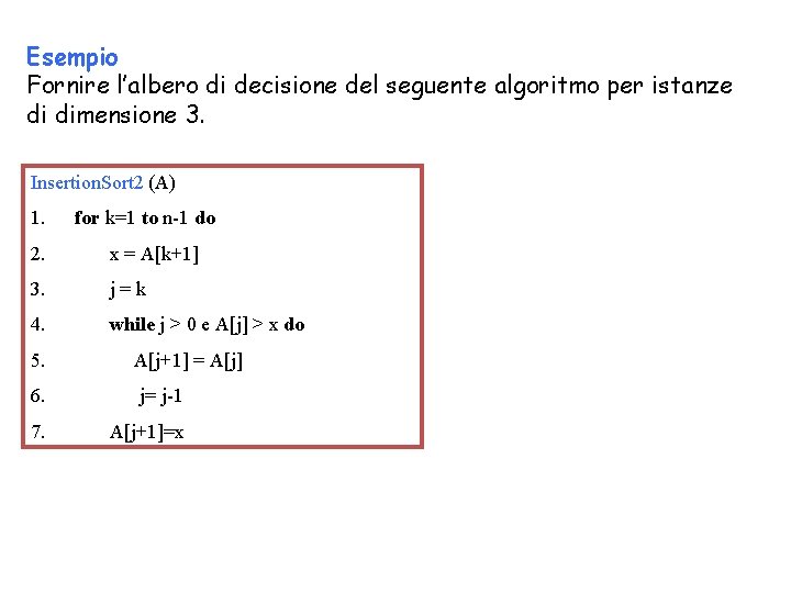 Esempio Fornire l’albero di decisione del seguente algoritmo per istanze di dimensione 3. Insertion.