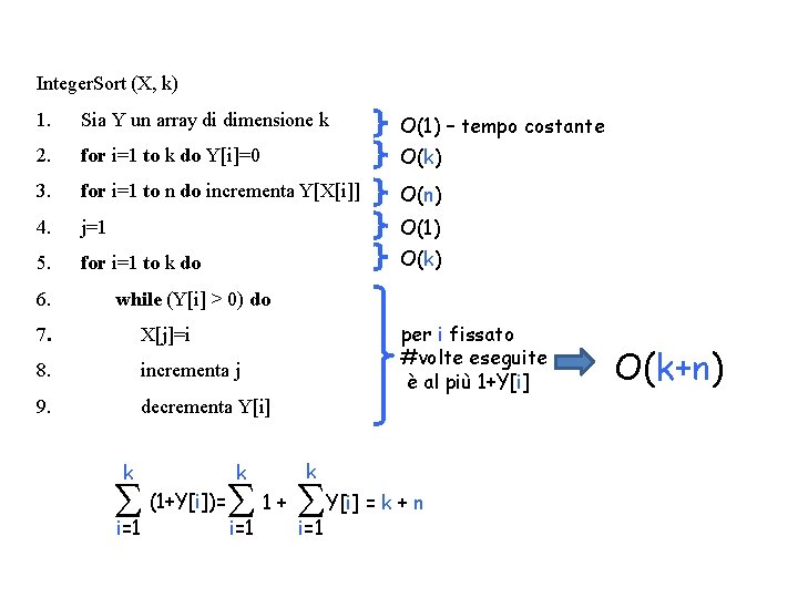 Integer. Sort (X, k) 1. Sia Y un array di dimensione k O(1) –