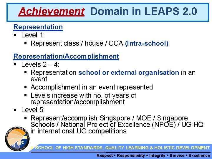 Achievement Domain in LEAPS 2. 0 Representation § Level 1: § Represent class /
