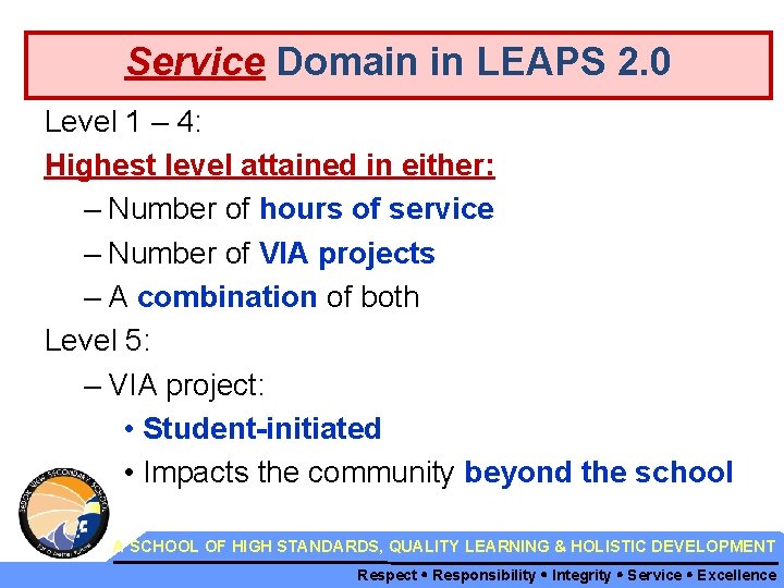 Service Domain in LEAPS 2. 0 Level 1 – 4: Highest level attained in