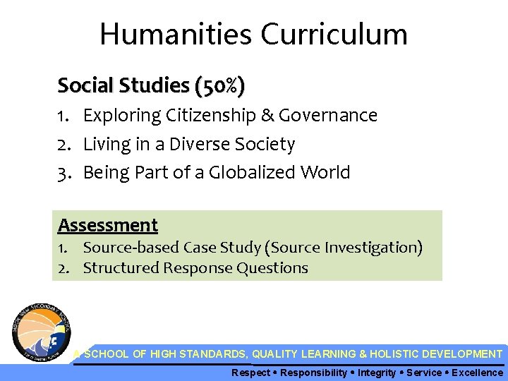 Humanities Curriculum Social Studies (50%) 1. Exploring Citizenship & Governance 2. Living in a