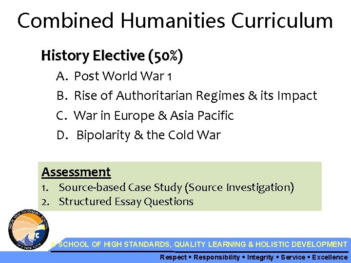 Combined Humanities Curriculum History Elective (50%) A. B. C. D. Post World War 1