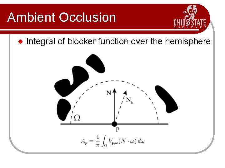 Ambient Occlusion l Integral of blocker function over the hemisphere 
