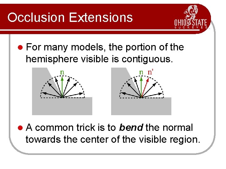 Occlusion Extensions l For many models, the portion of the hemisphere visible is contiguous.