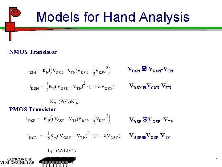 Models for Hand Analysis NMOS Transistor VDSN VGSN-VTN VDSN VGSN-VTN KN=(W/L)K’N PMOS Transistor VDSP