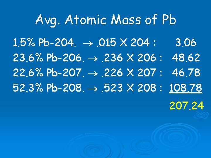 Avg. Atomic Mass of Pb 1. 5% Pb-204. . 015 X 204 : 3. Avg. Atomic Mass of Pb 1. 5% Pb-204. . 015 X 204 : 3.