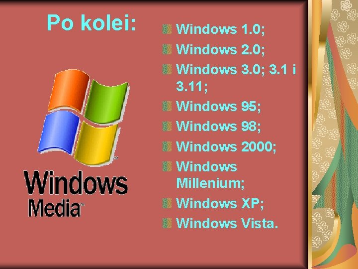 Po kolei: Windows 1. 0; Windows 2. 0; Windows 3. 0; 3. 1 i