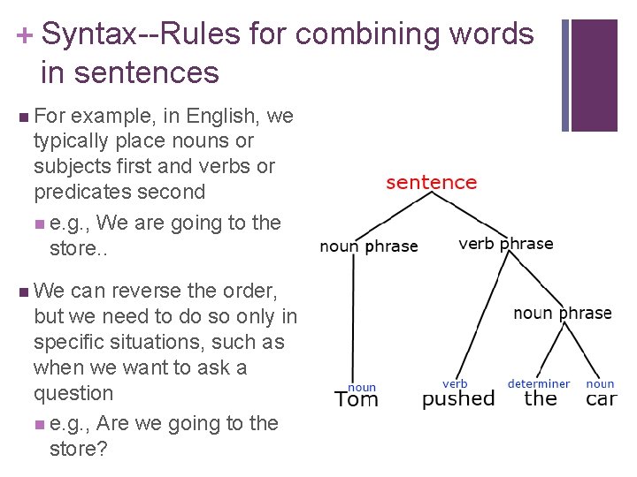 + Syntax--Rules for combining words in sentences n For example, in English, we typically