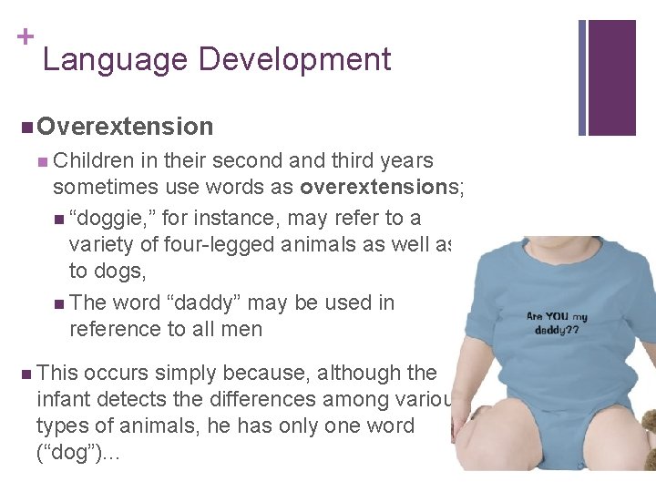 + Language Development n Overextension n Children in their second and third years sometimes