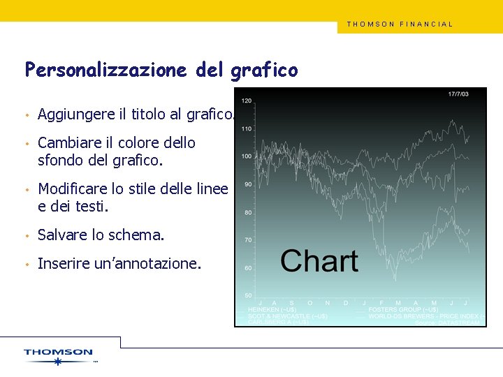 THOMSON FINANCIAL Personalizzazione del grafico • Aggiungere il titolo al grafico. • Cambiare il