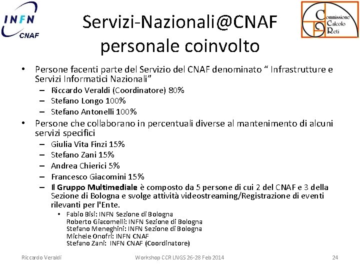 Servizi-Nazionali@CNAF personale coinvolto • Persone facenti parte del Servizio del CNAF denominato “ Infrastrutture