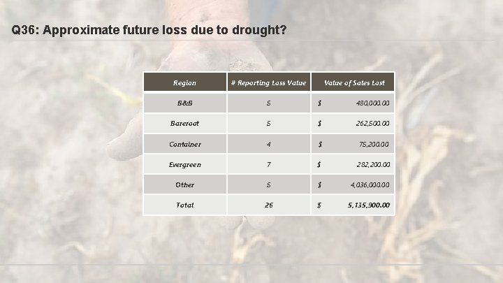 Q 36: Approximate future loss due to drought? Region # Reporting Loss Value of