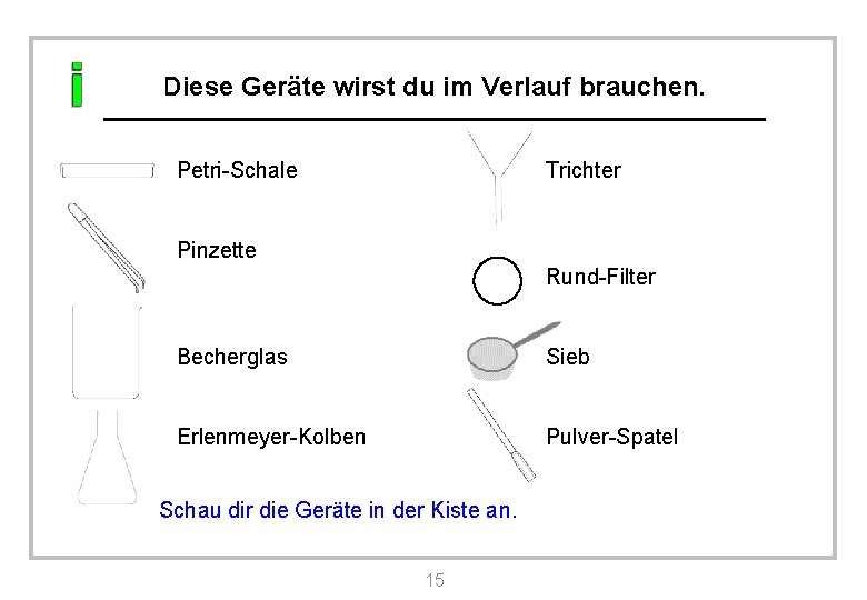 Diese Geräte wirst du im Verlauf brauchen. Trichter Petri-Schale Pinzette Rund-Filter Becherglas Sieb Erlenmeyer-Kolben Diese Geräte wirst du im Verlauf brauchen. Trichter Petri-Schale Pinzette Rund-Filter Becherglas Sieb Erlenmeyer-Kolben