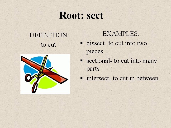 Root: sect DEFINITION: to cut EXAMPLES: § dissect- to cut into two pieces §