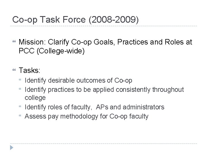 Co-op Task Force (2008 -2009) Mission: Clarify Co-op Goals, Practices and Roles at PCC