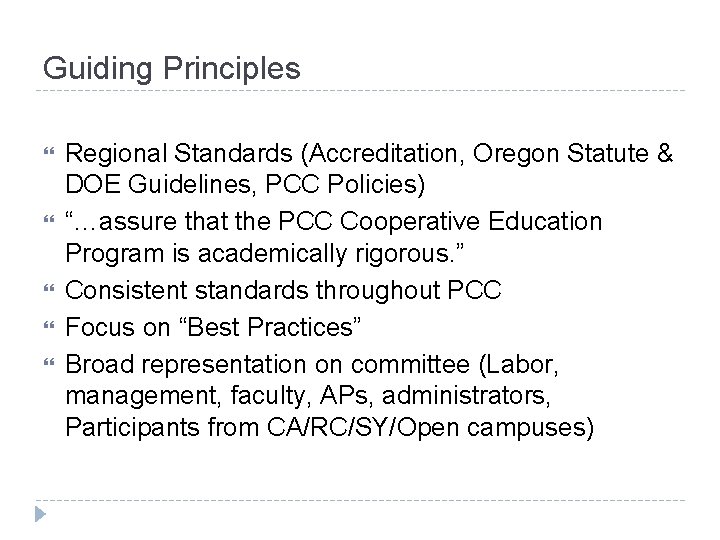 Guiding Principles Regional Standards (Accreditation, Oregon Statute & DOE Guidelines, PCC Policies) “…assure that