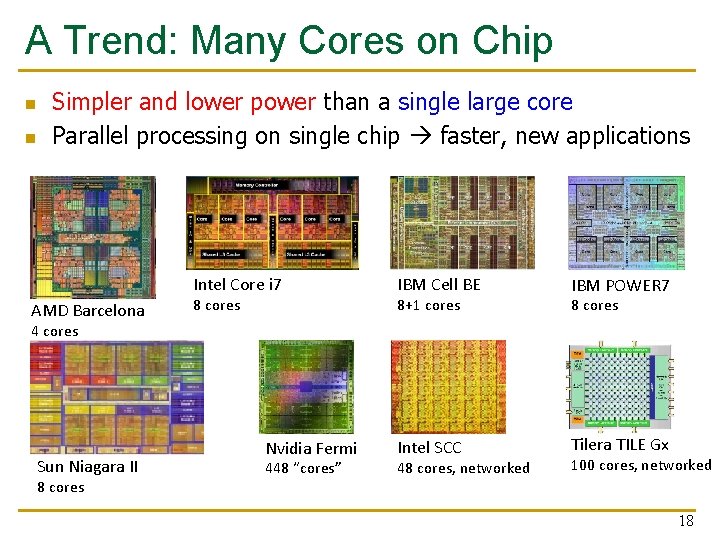 A Trend: Many Cores on Chip n n Simpler and lower power than a