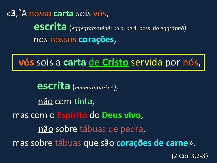  « 3, 2 A nossa carta sois vós, escrita (eggegramménê: part. perf. pass.