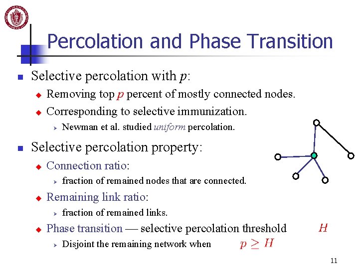 Percolation and Phase Transition n Selective percolation with p: u u Removing top p