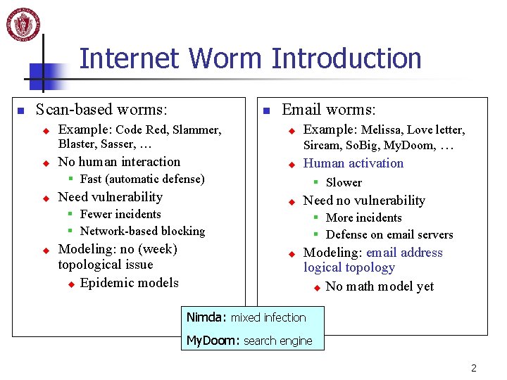 Internet Worm Introduction n Scan-based worms: u n Email worms: Example: Code Red, Slammer,