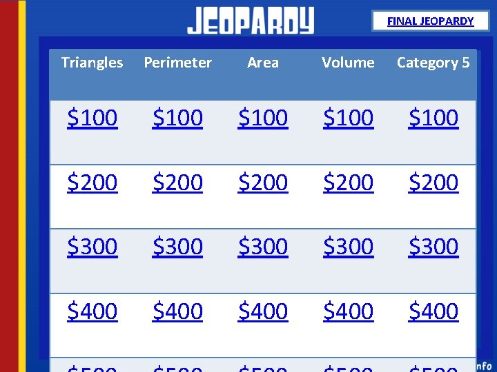 FINAL JEOPARDY Triangles Perimeter Area Volume Category 5 $100 $100 $200 $200 $300 $300