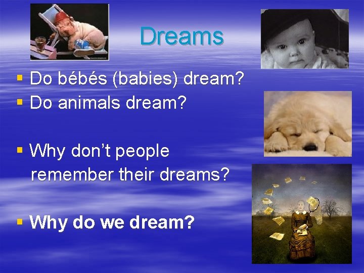 Dreams § Do bébés (babies) dream? § Do animals dream? § Why don’t people