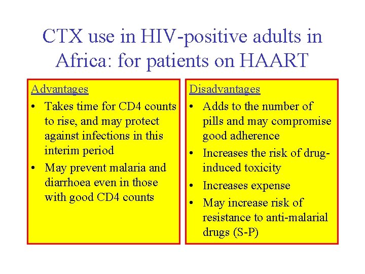 CTX use in HIV-positive adults in Africa: for patients on HAART Advantages • Takes
