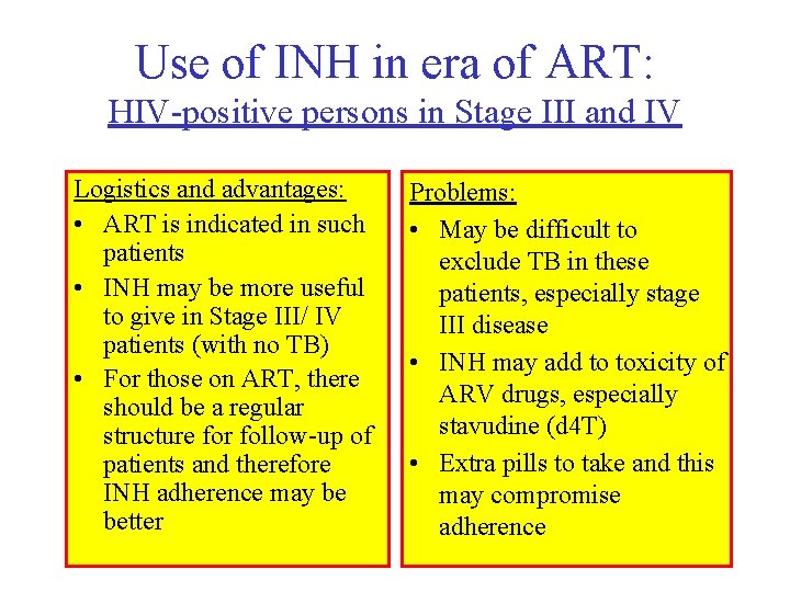 Use of INH in era of ART: HIV-positive persons in Stage III and IV
