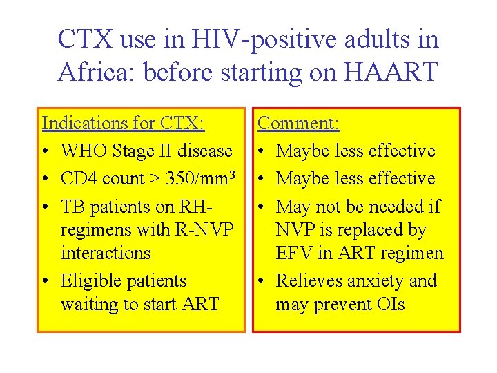 CTX use in HIV-positive adults in Africa: before starting on HAART Indications for CTX: