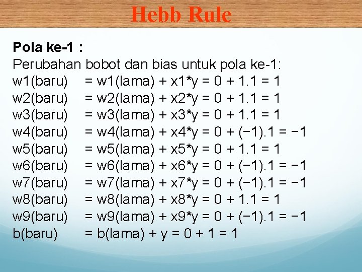 Hebb Rule Pola ke-1 : Perubahan bobot dan bias untuk pola ke-1: w 1(baru)