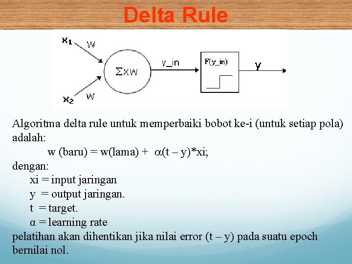 Delta Rule Algoritma delta rule untuk memperbaiki bobot ke-i (untuk setiap pola) adalah: w